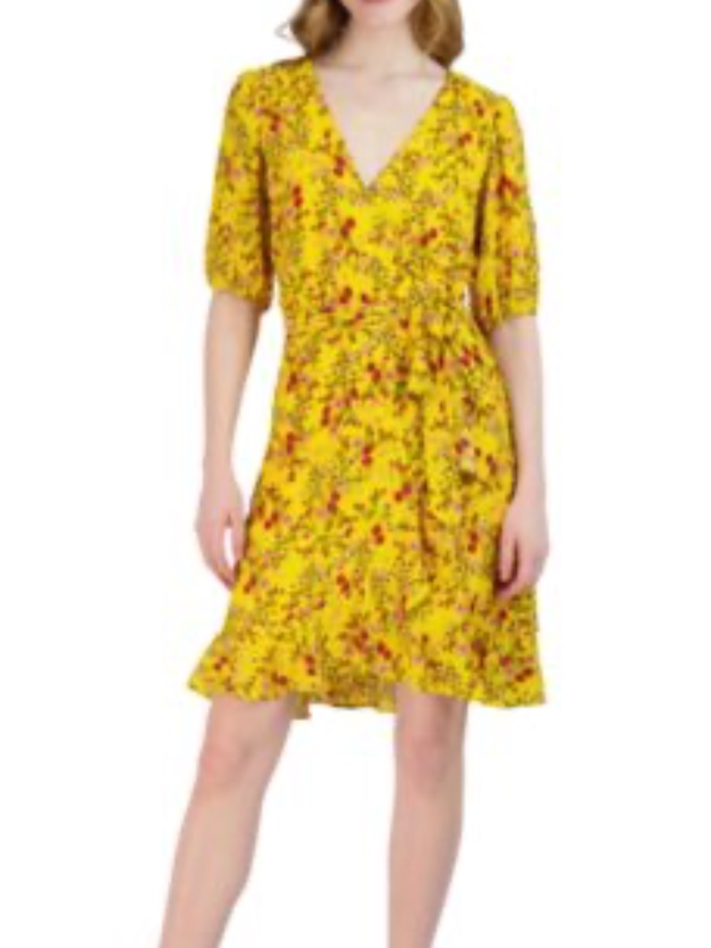 Julia Jordan Women's Yellow Floral Faux Wrap Knee-Length Dress Size 8